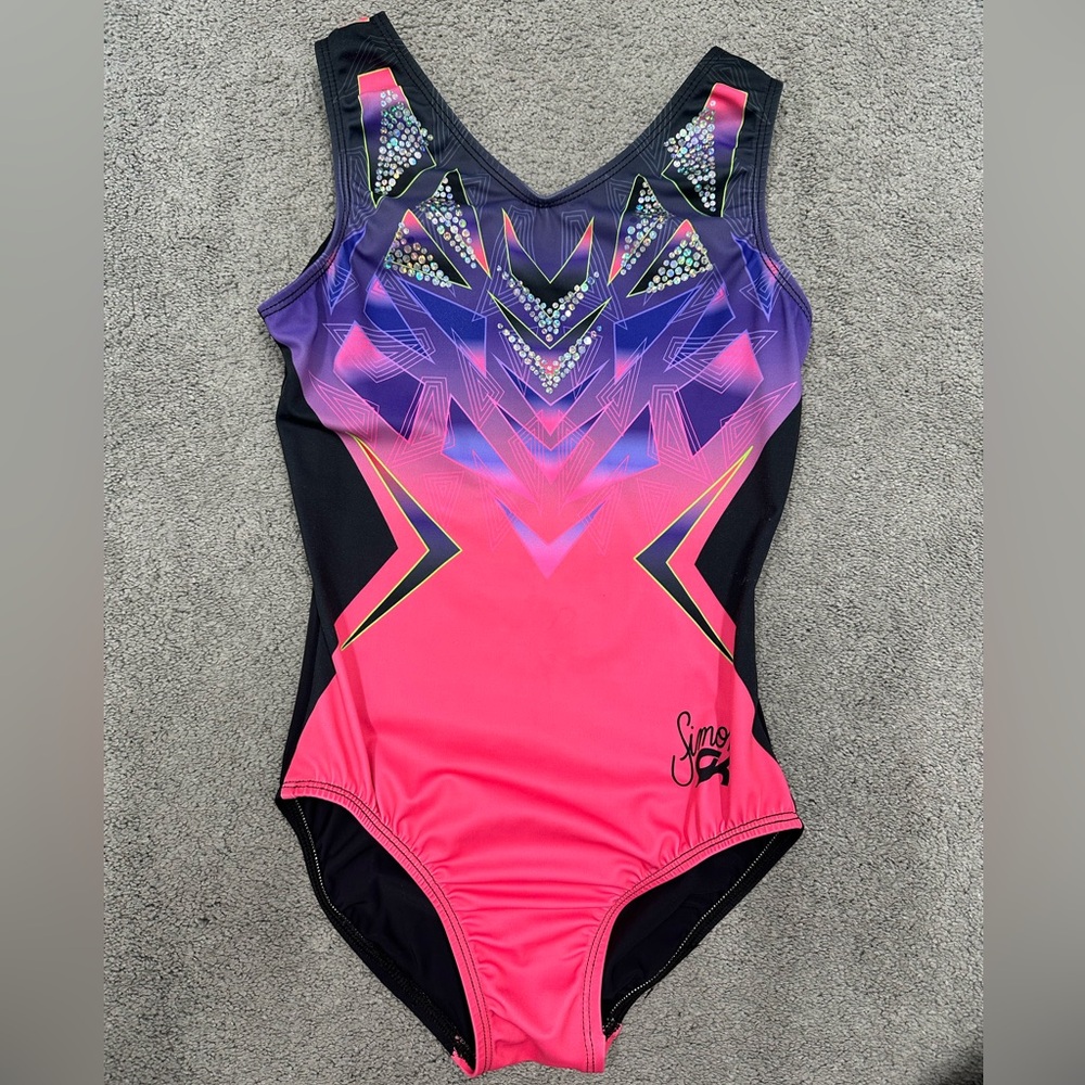 GK Pink and Purple Simone Biles Leotard with Geometric Design.
